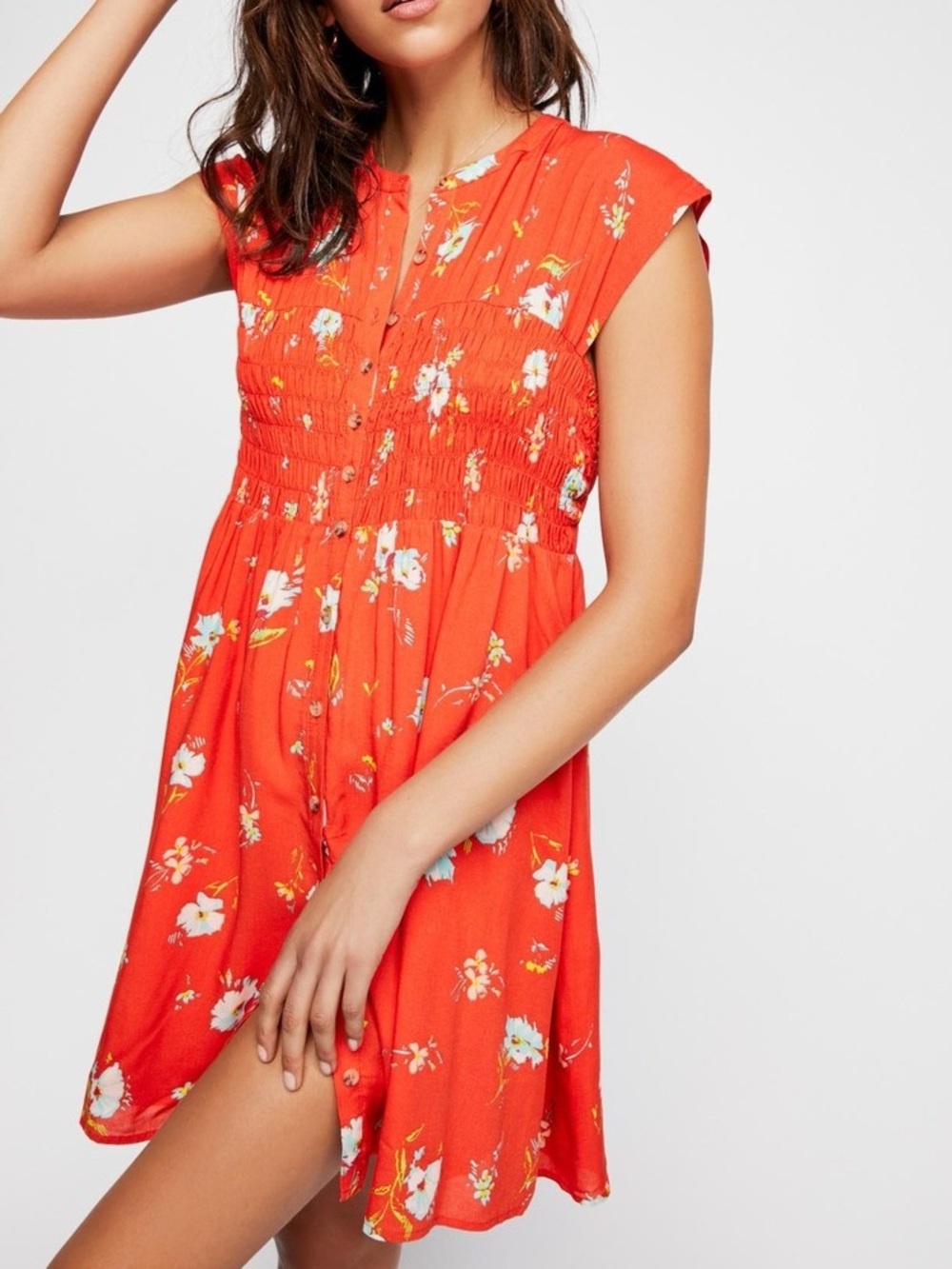 Free People Greatest Day orange floral smocked boho mini dress size small